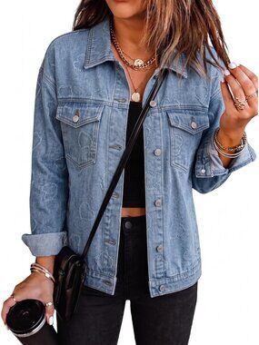 Womens Light Blue Button Down Oversized Coat Pocket Heart Star Denim Jean Jacket
